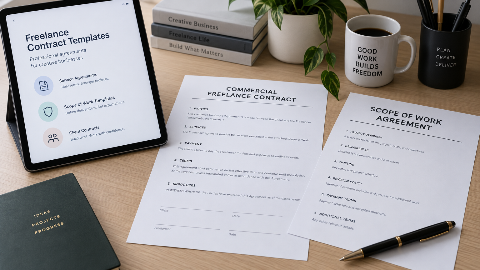 Studio desk with contracts and pricing notes